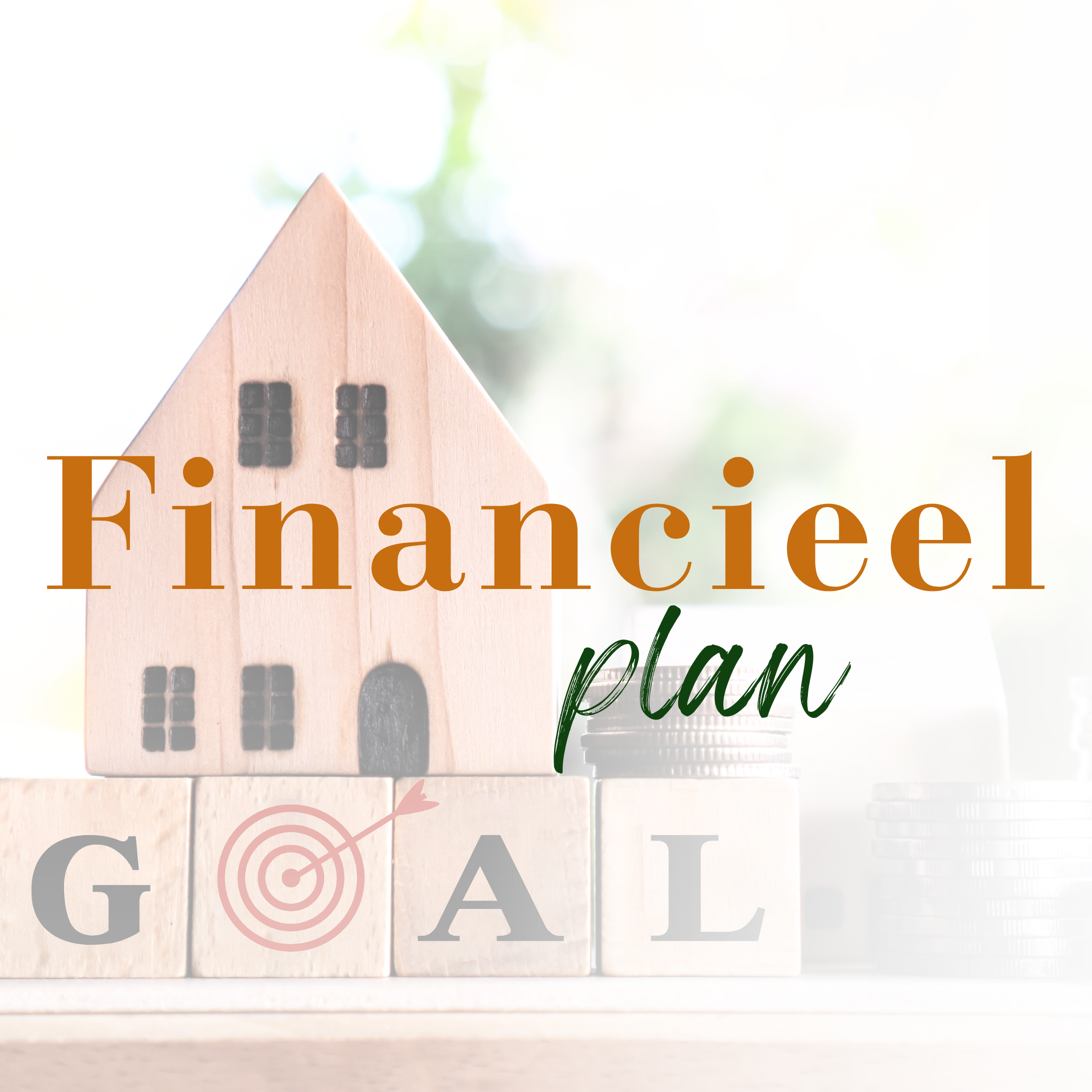Op de achtergrond houten blokken die het woord goal spellen met daar bovenop een houten huisje. Op de voorgrond de woorden Financiële Planning