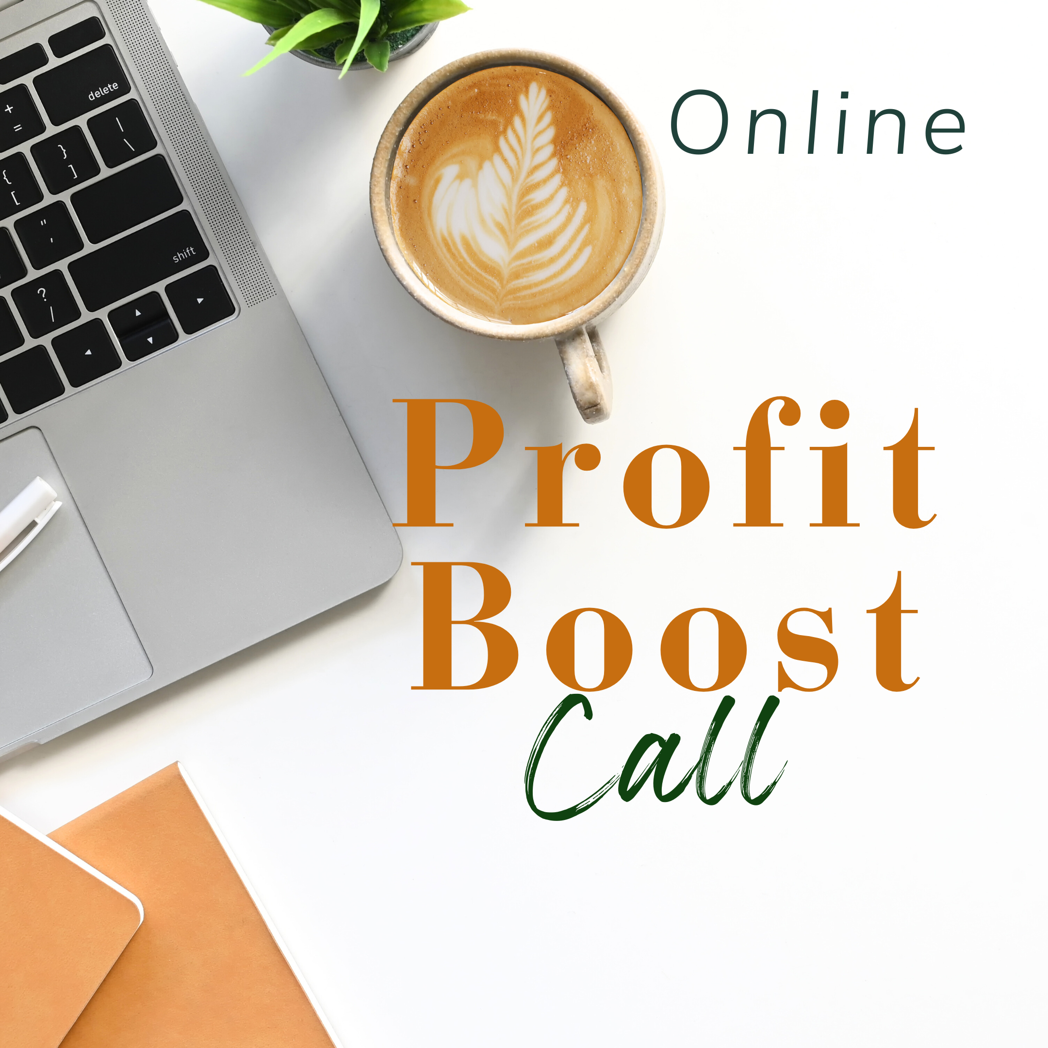 Promotie afbeelding voor Profit Boost Call. Een laptop met een kop koffie en notitieboekjes