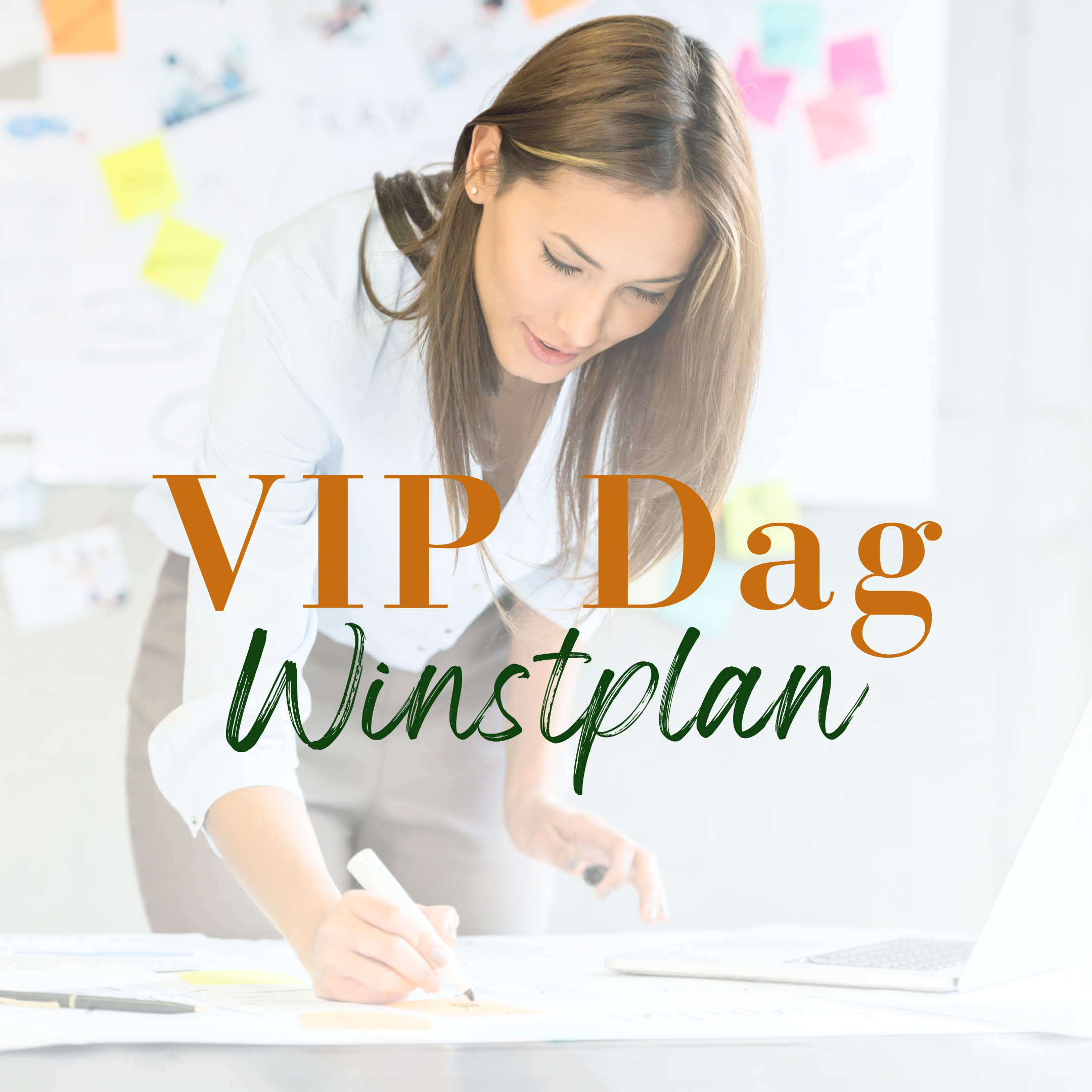 Een vrouwelijke ondernemer die bezig is haar bedrijfsplan uit te werken. Op de voorgrond de tekst VIP Dag Winstplan
