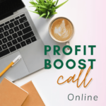 Promotie afbeelding voor Profit Boost Call. Een laptop met een kop koffie en notitieboekjes