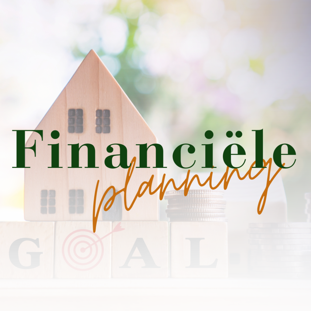 Op de achtergrond houten blokken die het woord goal spellen met daar bovenop een houten huisje. Op de voorgrond de woorden Financiële Planning