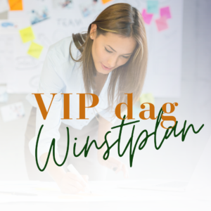 Een vrouwelijke ondernemer die bezig is haar bedrijfsplan uit te werken. Op de voorgrond de tekst VIP Dag Winstplan