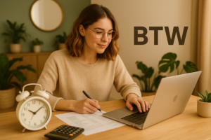 Een vrouwelijke ondernemer die op haar laptop aan het werk is met op de  voorgrond een wekker en op de achtergrond de tekst BTW
